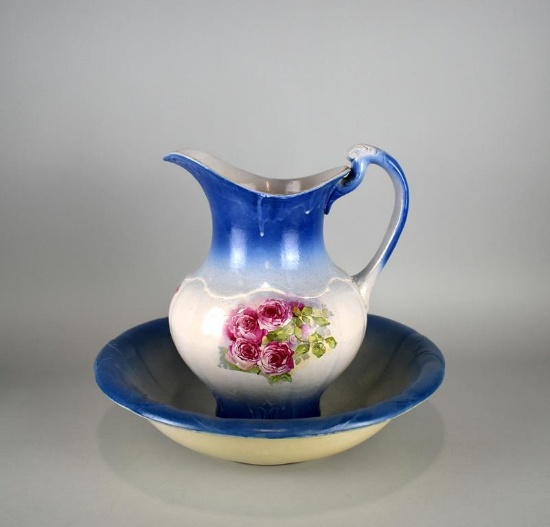 Blue & White Earthenware Pitcher & Bowl with Pink Roses