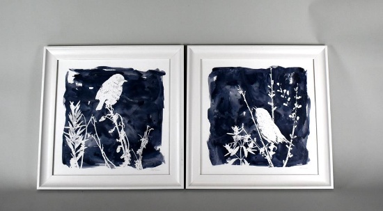 Pair of Carol Robinson Minimalist Bird & Botanical Abstract Prints Framed