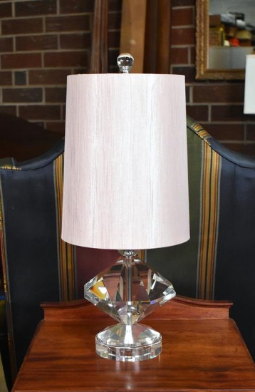 Diamond-Shaped Clear Faceted Table Lamp with Beige Shade