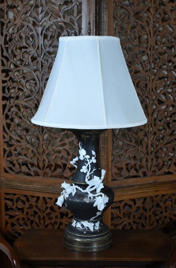 Antique Art Nouveau Bronze Metal Lamp with Applied Pate Sur Pate Sprigwork Vine & Blossom Decoration