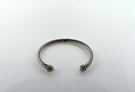 Sterling Silver, Pearl and Diamond Twist Cuff Bracelet