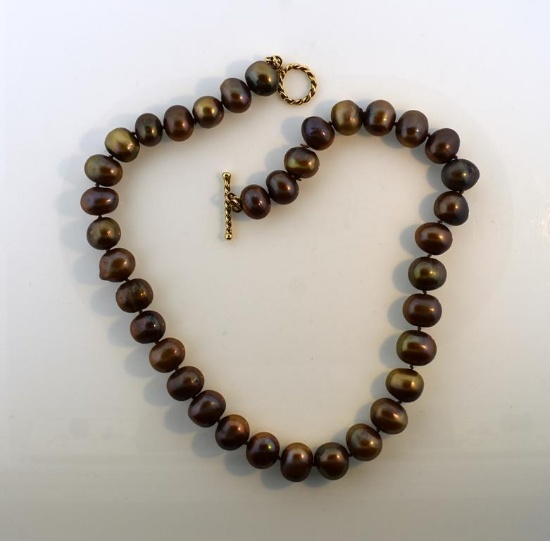 Beautiful 19” Strand Necklace of Large (13-14 mm) Mocha Brown Pearls, Gold Ring & Bar Clasp