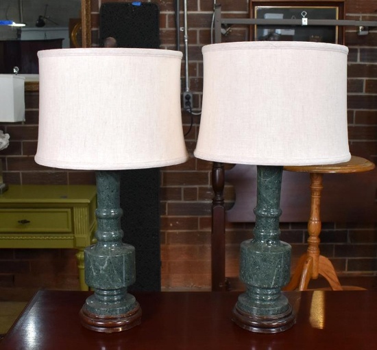 Pair of Handsome Green Marble Table Lamps