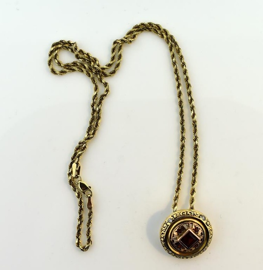 14K Gold and Garnet Pendant on 10K Gold 20” Twist Chain Necklace