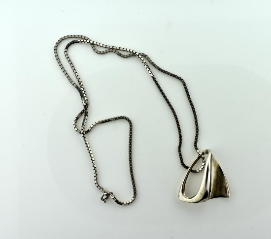 Sterling Silver Modernist 1.5” Pendant on 24” Sterling Silver Box Link Chain, Italy