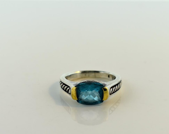 David Yurman Sterling Silver, 18K Yellow Gold and Blue Topaz Ring, Size 7.75
