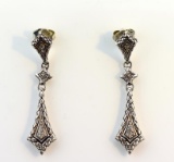 Pair of Sterling Silver and Pave Set Diamond Dangle Earrings, Marked SK