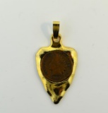 Brass Arrowhead Pendant with 1900 Indian Head Penny, 1.5” L