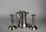 Lot of Three Pewter Pieces: Culfonia Pitcher & Pair of Woodbury Pewterers Candlesticks
