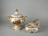 Vintage Ardalt Lenwile Gold on White Lidded China Pieces: Sugar Bowl and Leaf-Shaped Lidded Bowl