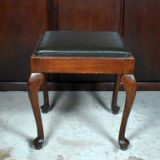 Vintage Oak Queen Anne Style Stool with Leather Seat