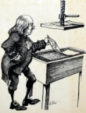 Kate Slatmen Illustration of Benjamin Franklin Printing Poor Richards Almanac Print