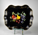 Hand-Painted Metal 17” Tray Signed “Van” with Brass Stand