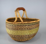 Hand Woven Raffia & Leather-Accented Market Basket