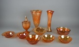 Lot of Ten Pieces of Marigold Carnival Glass of Various Patterns