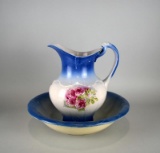 Blue & White Earthenware Pitcher & Bowl with Pink Roses