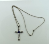 18K White Gold 20” Chain Necklace w/ 14K White Gold, 1.35 Carat Tanzanite and Diamond Cross Pendant