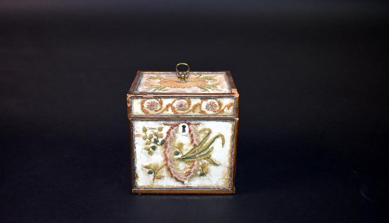 Antique Crewel Embroidered Silk Tea Caddy with Key, 19th C.