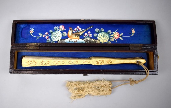 Antique Chinese Silk Fan with Hand Made Decorative Wooden Storage Box