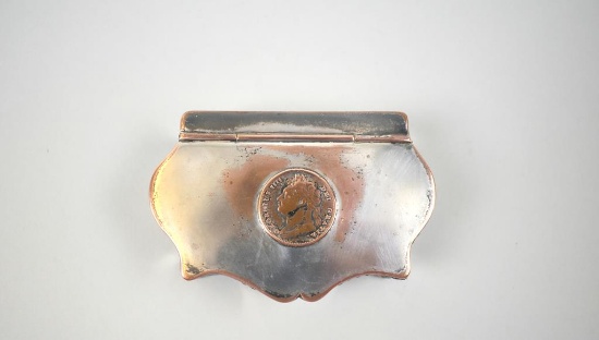 British Regency Period Ca. 1820 Silver Plated Copper Tobacco Box with King George IIII Copper Coin
