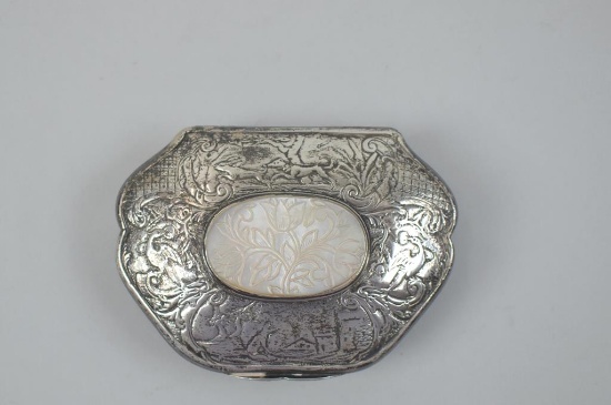 Antique Chased Silver Snuff Box with Engraved Mother of Pearl Inlay Disc