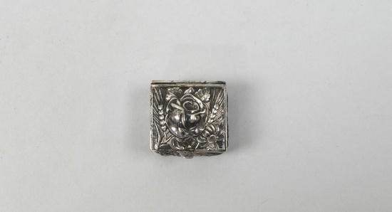 Repousse Sterling Silver Pill Box with Rose Motif & Hinged Lid, Gilt Lined