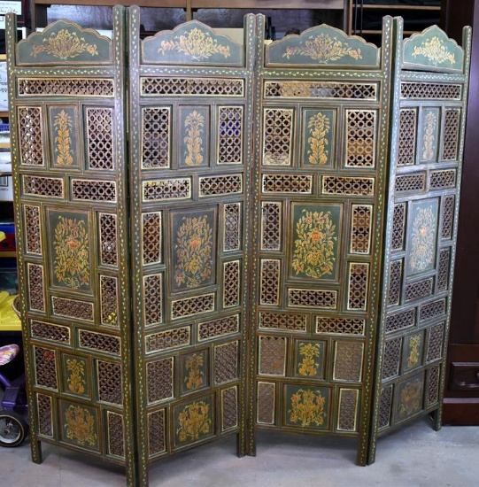 Vintage Asian Handpainted Four Panel Screen