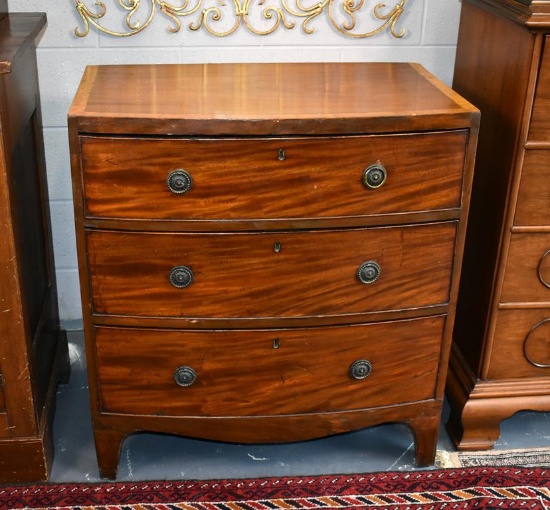 Early 19th C. Georgian Flame Mahogany Three Drawer Chest with Banding, England, Ca. 1910