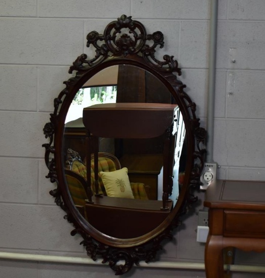 Vintage Rococo Carved Mahogany Oval Mirror