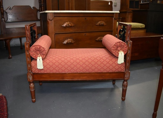 Vintage Red Upholstered Carved Mahogany Bench with Grill Work Metal Side Insets
