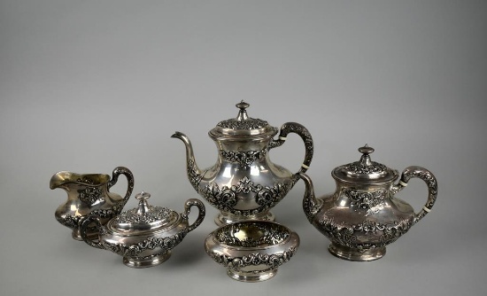 Five Piece Gorham Buttercup Pattern Sterling Silver Tea Set with Storage Bags