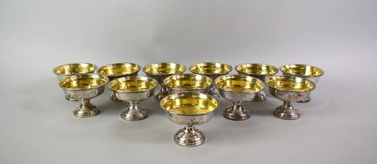 Twelve Weighted Sterling Silver Footed Dessert Cups, Gilt Lined