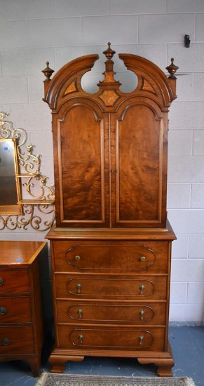 Vintage Colonial Style Bonnet Top Burl Walnut Secretary and Hutch, Ogee Bracket Feet, 20th C.