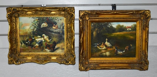Pair of Oil on Canvas Paintings of Poultry Near Water, Signed EH, England