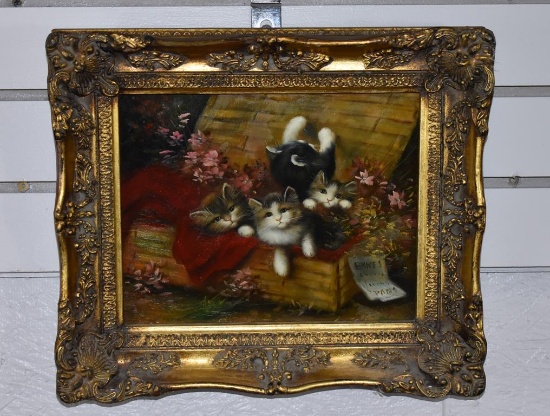 French Kittens in Basket, Oil on Canvas, England