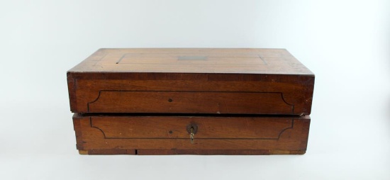 Antique British Ebony Inlaid Walnut Writing Slope with Key and Old Spring Tonic Recipe