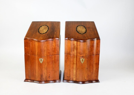 Pair of Brandt 13” Cherry Knife Boxes with Oval Satinwood Inlay on Lids