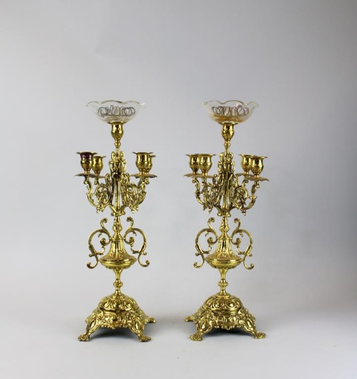 Pair of Antique 19th C. 19.5” Brass Candelabras with Glass Inserts at Top