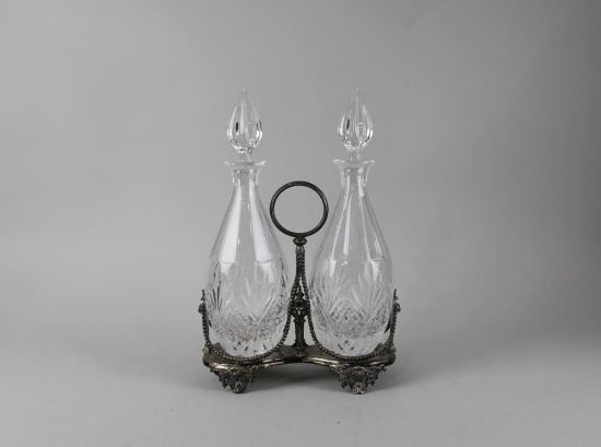Antique W. W. H&Co. Silver Plate Decanter Rack with Two Crystal Decanters