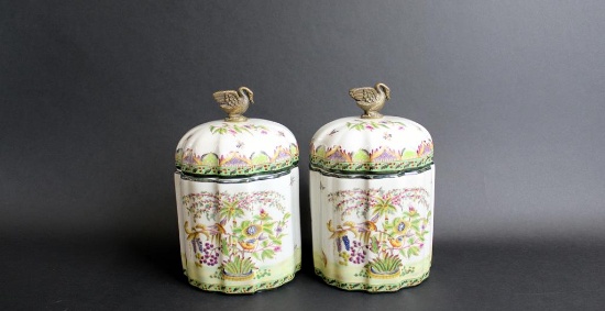 Pair of Asian Porcelain Canisters with Swan Lid Finial Handles