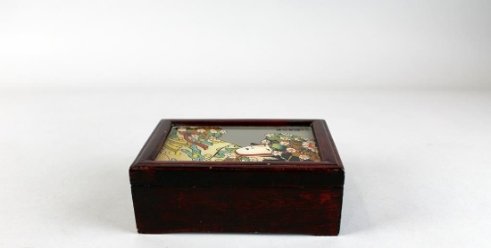 Small Wooden Box with Kitagawa Utamaro Print Under Glass Lid