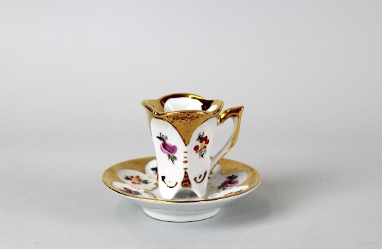 Miniature AG Handpainted Porcelain Cup & Saucer, Portugal
