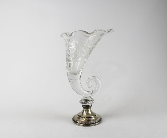 Cut Glass Cornucopia Vase on Weighted Sterling Silver Base