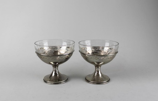 Pair of Manchester Mfg Co Sterling Silver Footed Bowls with Glass Inserts, Rhode Island