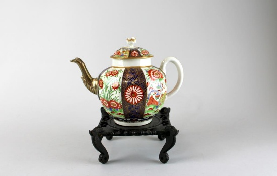 Antique Early Worcester Imari Style Tea Pot with Silver Spout on Wooden Stand