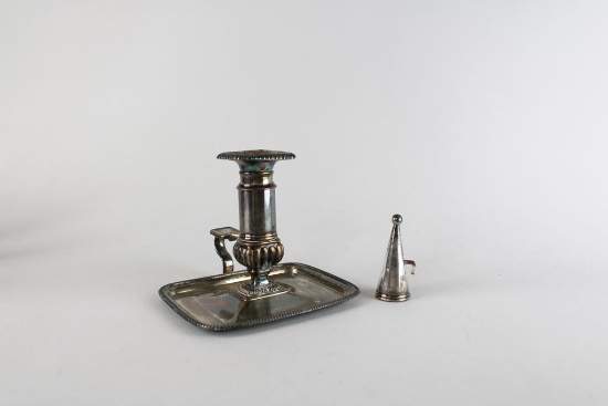 Vintage Silver Plate Chamber Candle Holder with Telescoping Bobeche & Snuffer