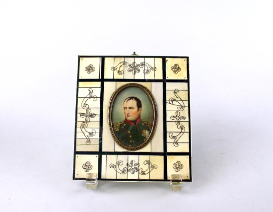Delaroche (French, XIX-XX) Antique Miniature Portrait Painting of Napoleon, Piano Key Frame