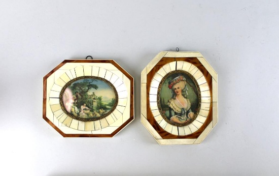 Antique Miniature Piano Key Framed Prints:Courting Scene & Portrait, France