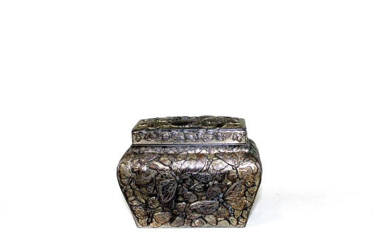 Butterfly Motif Silver Plated Heavy Tin Repousse Lidded Caddy