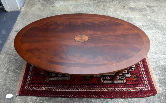 Vtg Flame Mahogany Coffee Table, Satinwood Sunburst Inlay, Carved Shell Knee, Trifid Foot, 20th C.